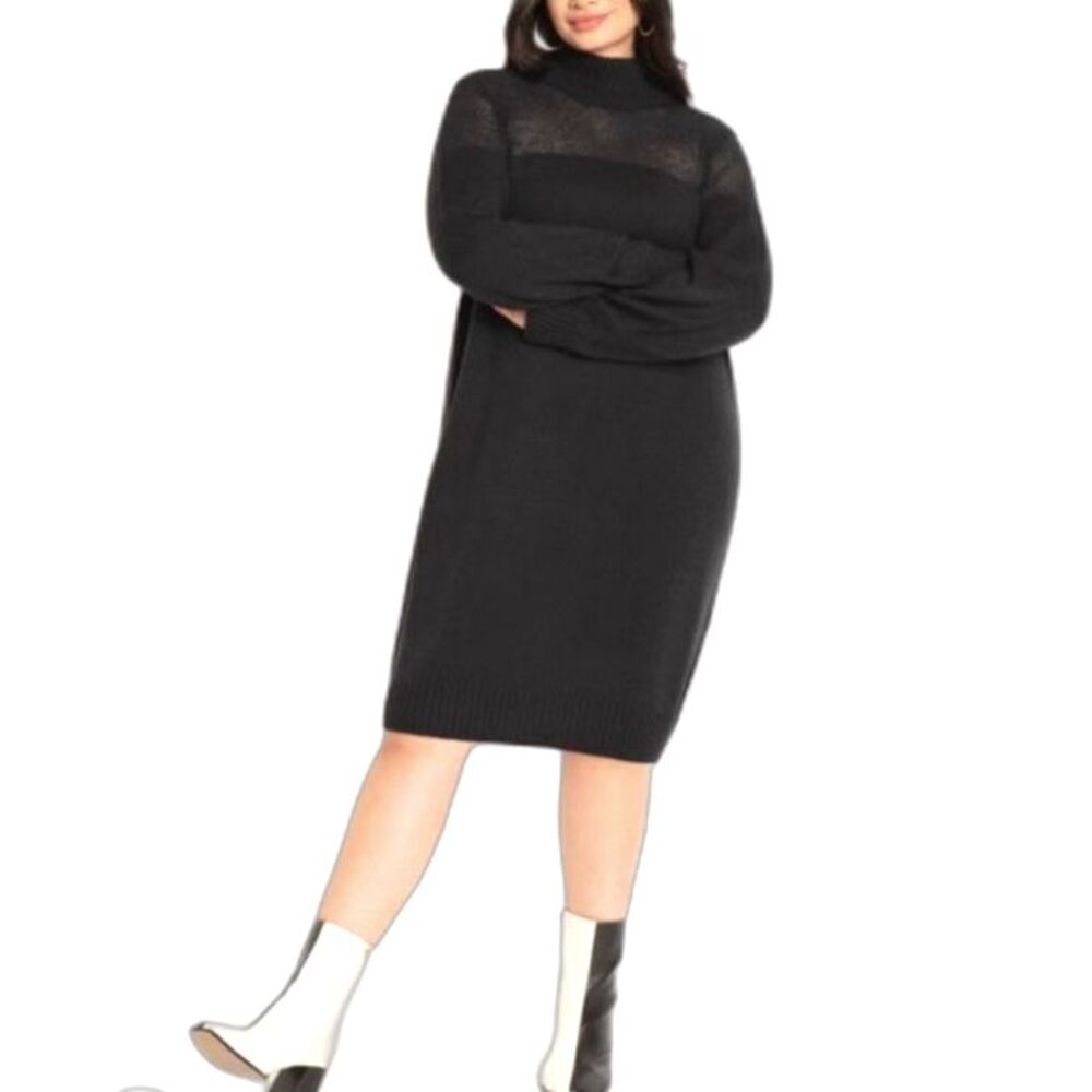 Arula Women's Black Knit Sheer Yoke Panel Mock-Neck Midi Sweater Dress Sz 14-16